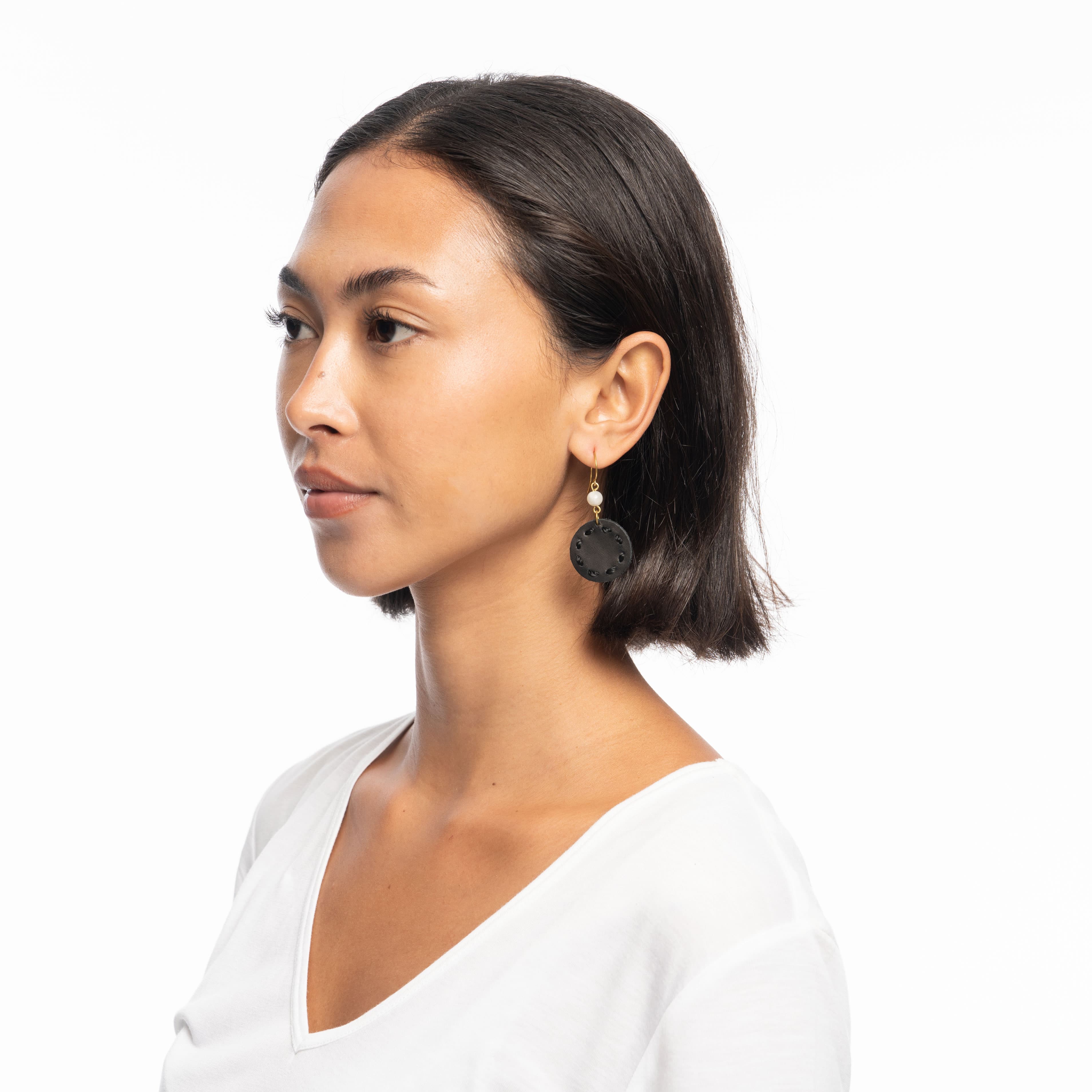 The Sak Jasper Disc Earrings - Leather - Black