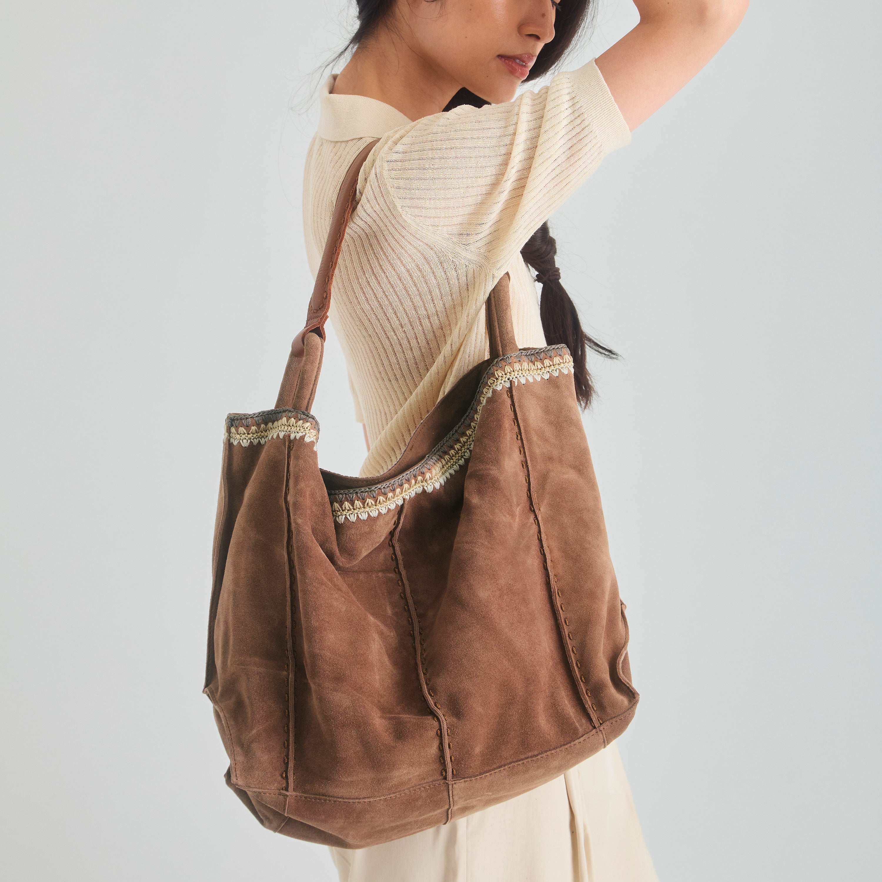 The Sak Los Feliz Large Tote - Leather - Tobacco Suede Blanket Stitch