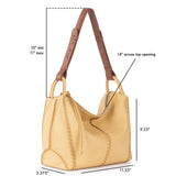 Buttercup leather hobo bag with brown handles, 14" top opening, 9.25" height, adjustable 10-11" shoulder drop.