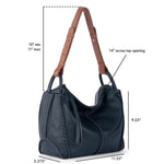 Indigo leather hobo bag with brown leather handles and black hardware, 14" top opening and 10-11" strap drop.