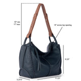 Indigo leather hobo bag with brown leather handles and black hardware, 14" top opening and 10-11" strap drop.
