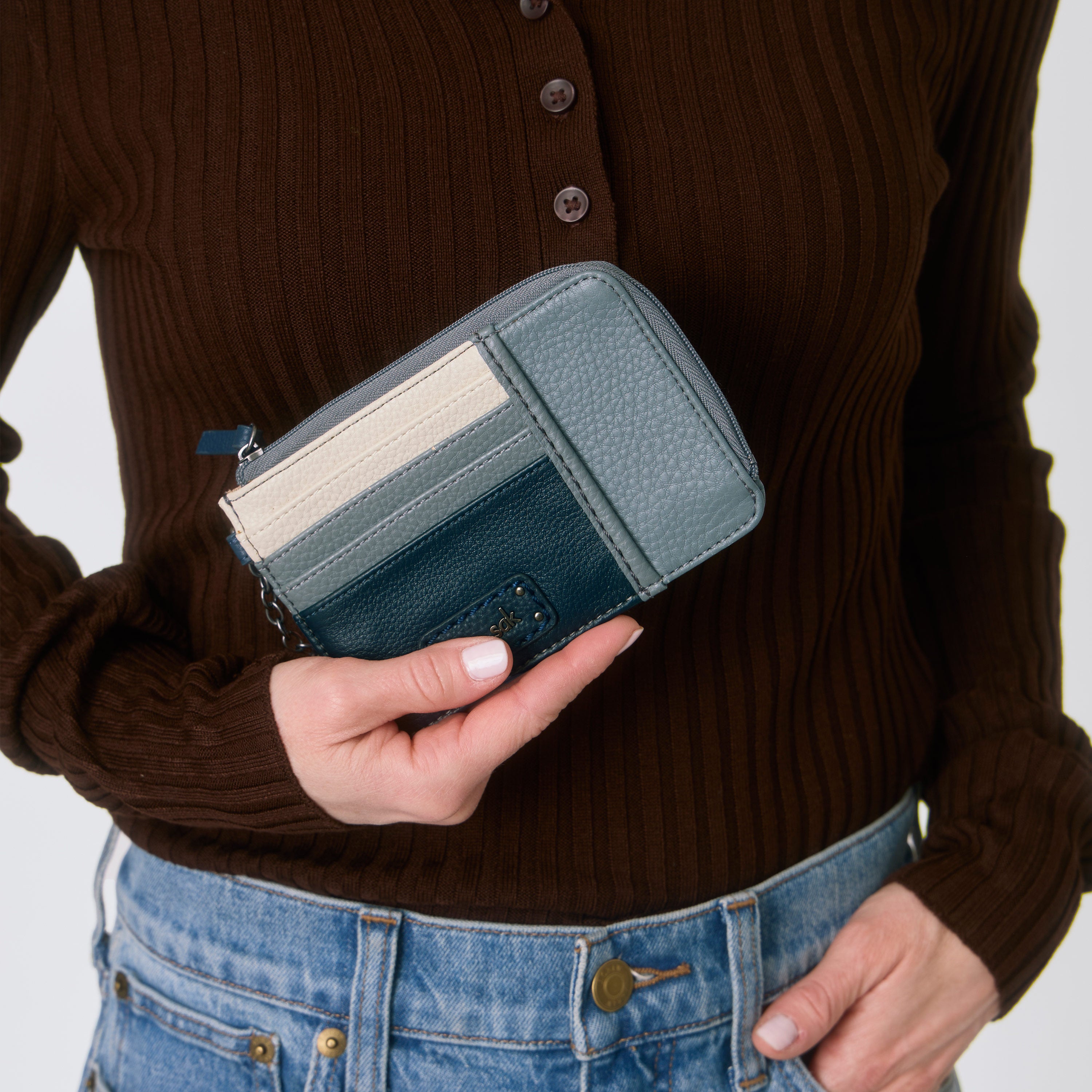 The Sak Iris Card Wallet - Leather - Dusty Blue Block