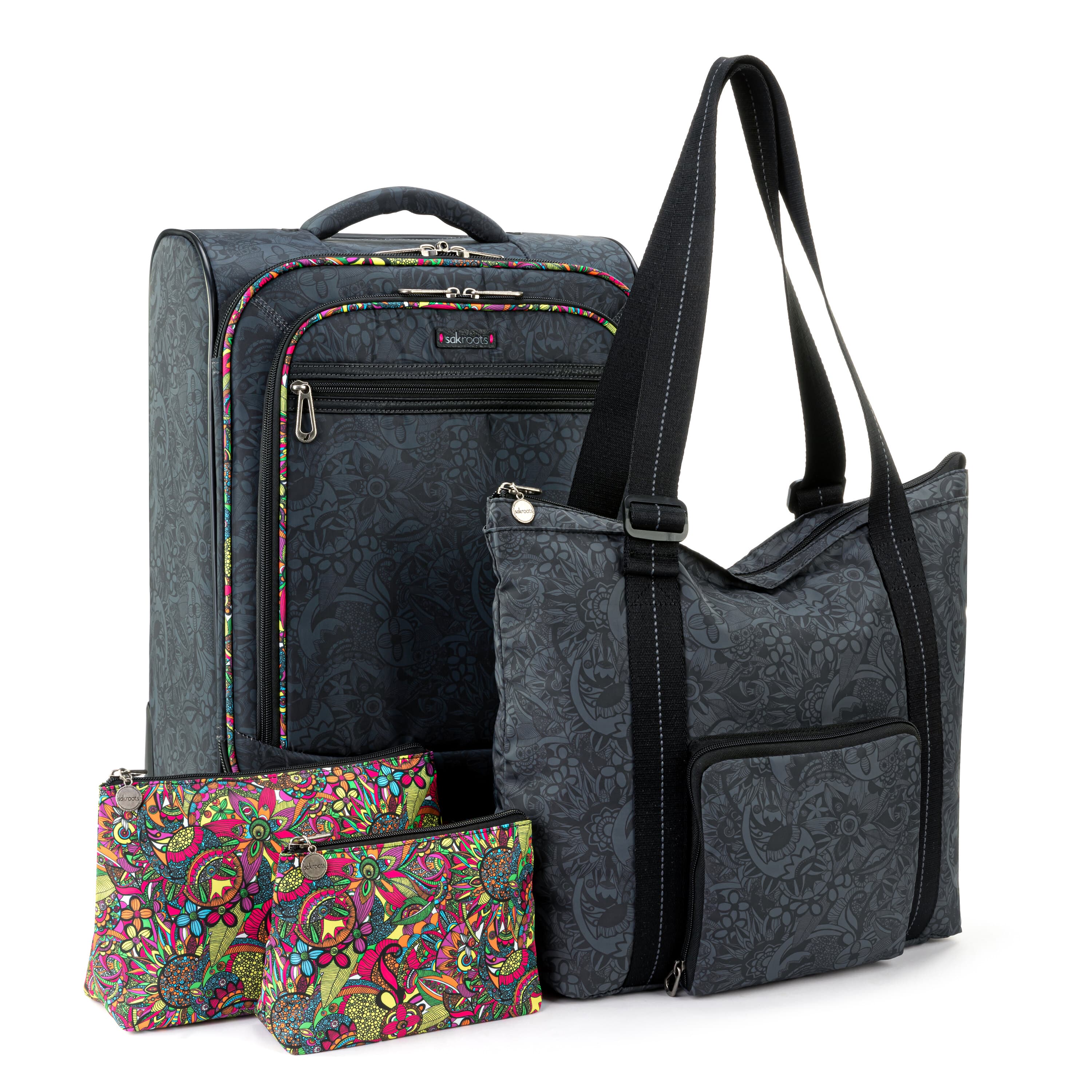Sakroots On The Go 21" Spinner Luggage Bundle - EcoTwill - Black Rainbow Spirit Desert