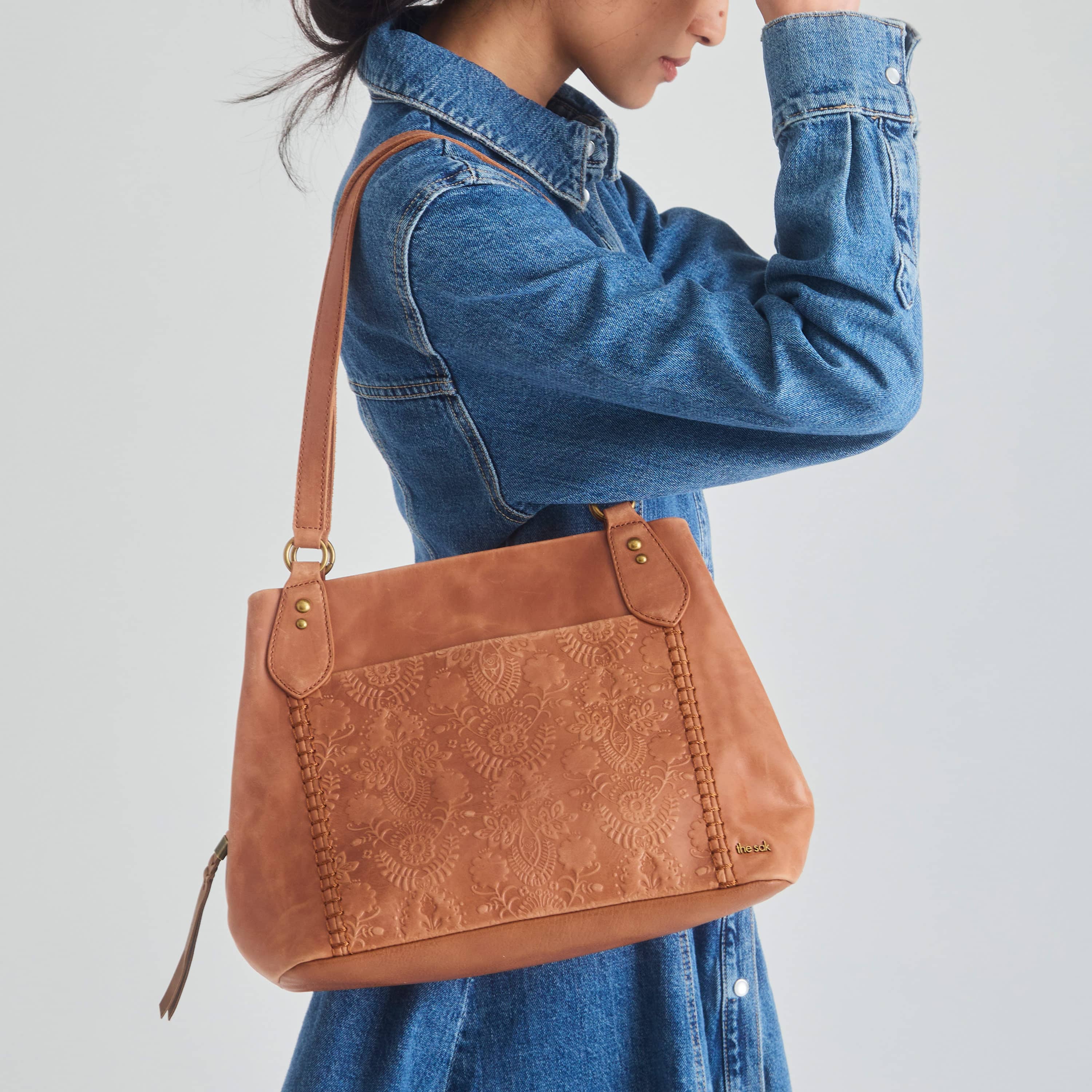 The Sak Melrose Satchel - Leather - Tobacco Floral Embossed