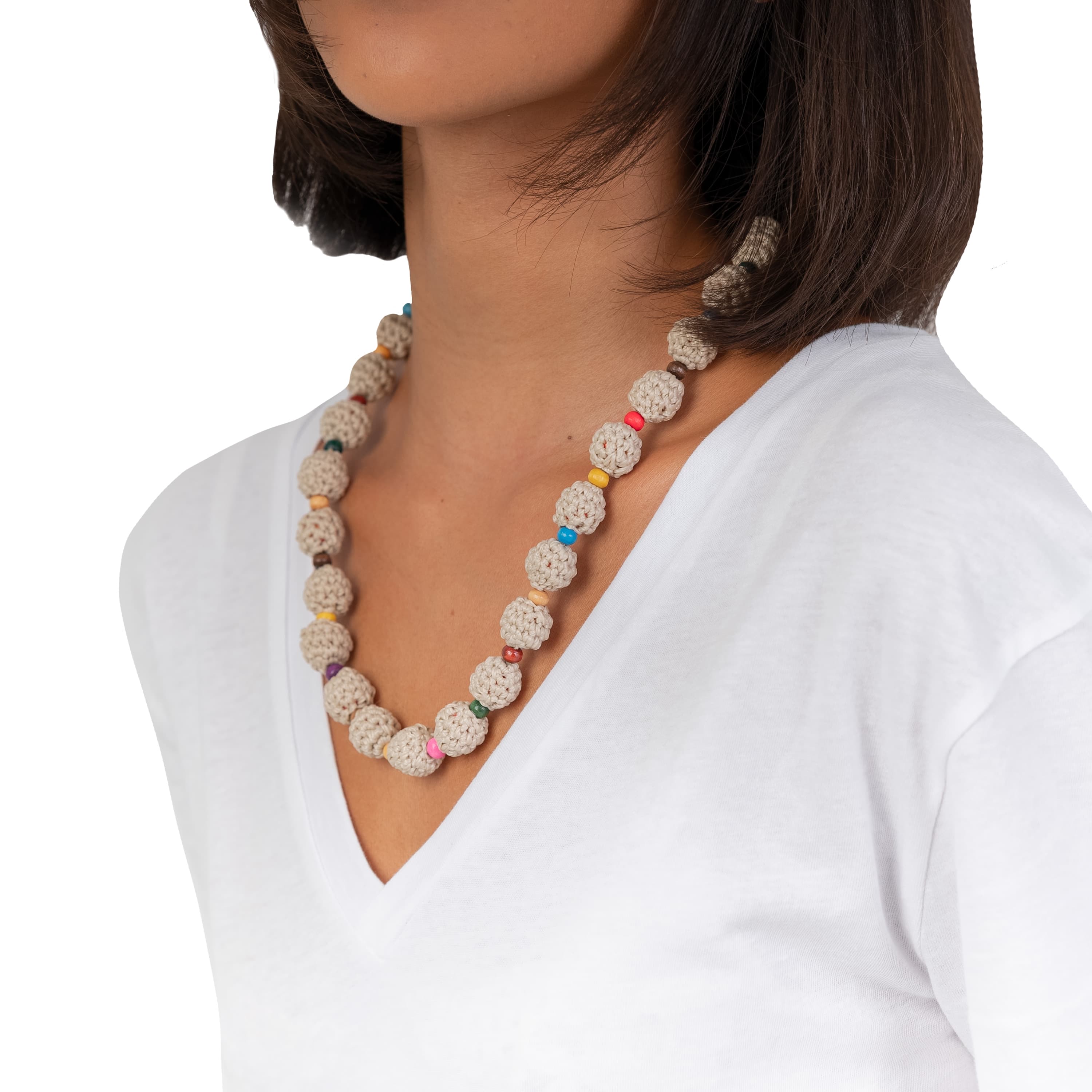 The Sak Drea Crochet Bead Necklace - Hand Crochet - Ecru Multi Beads