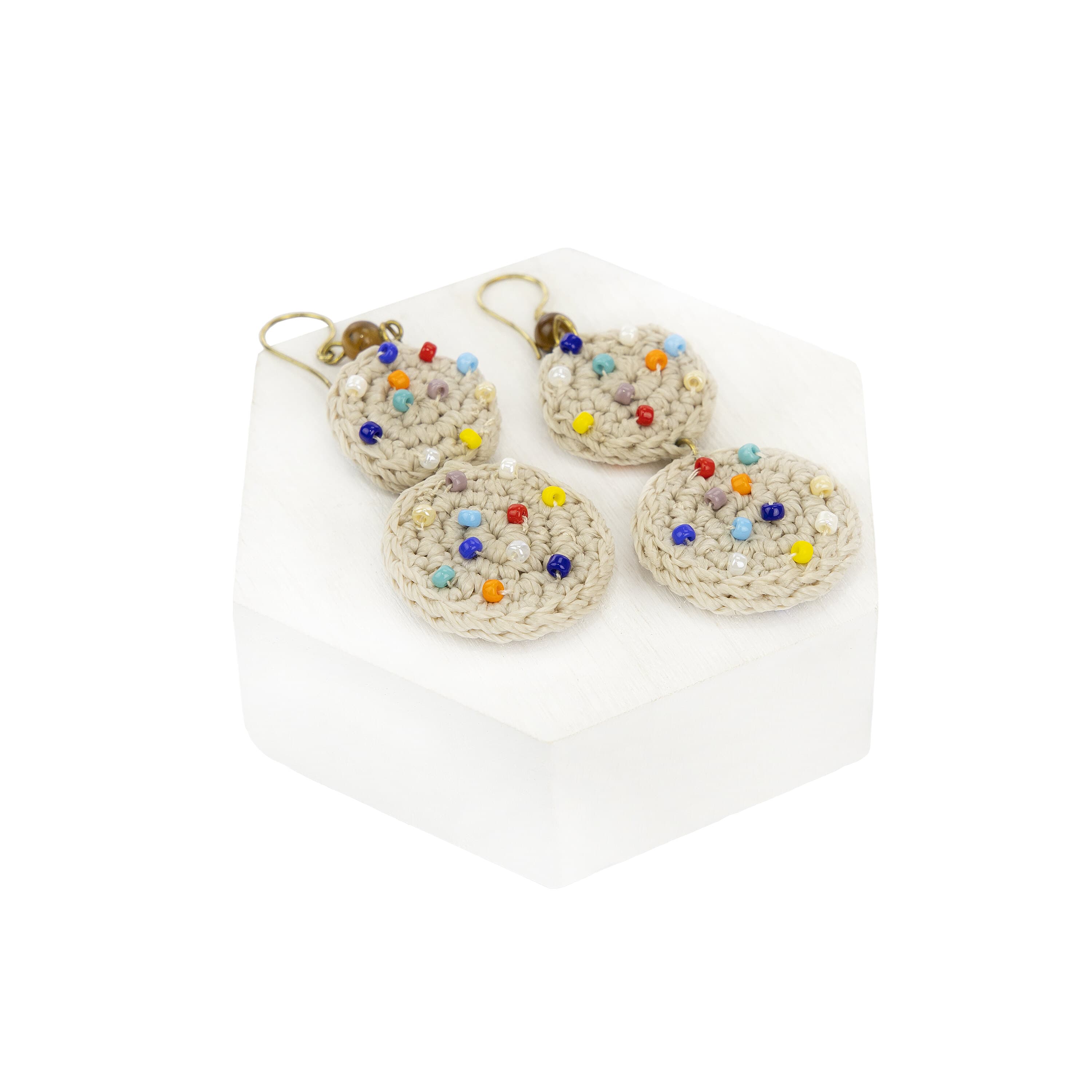 The Sak Jasper Double Disc Earrings - Hand Crochet - Ecru Multi Beads