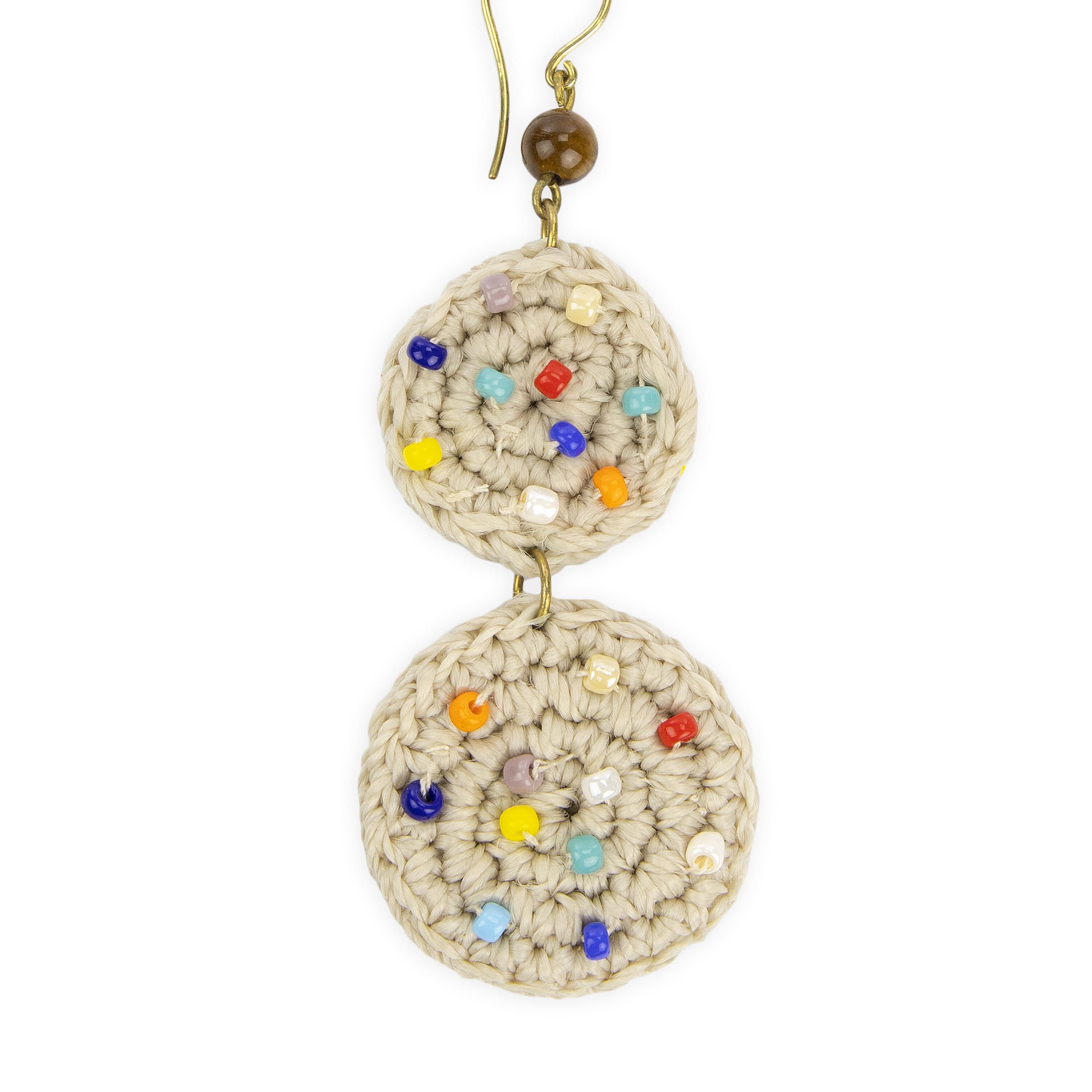 The Sak Jasper Double Disc Earrings - Hand Crochet - Ecru Multi Beads