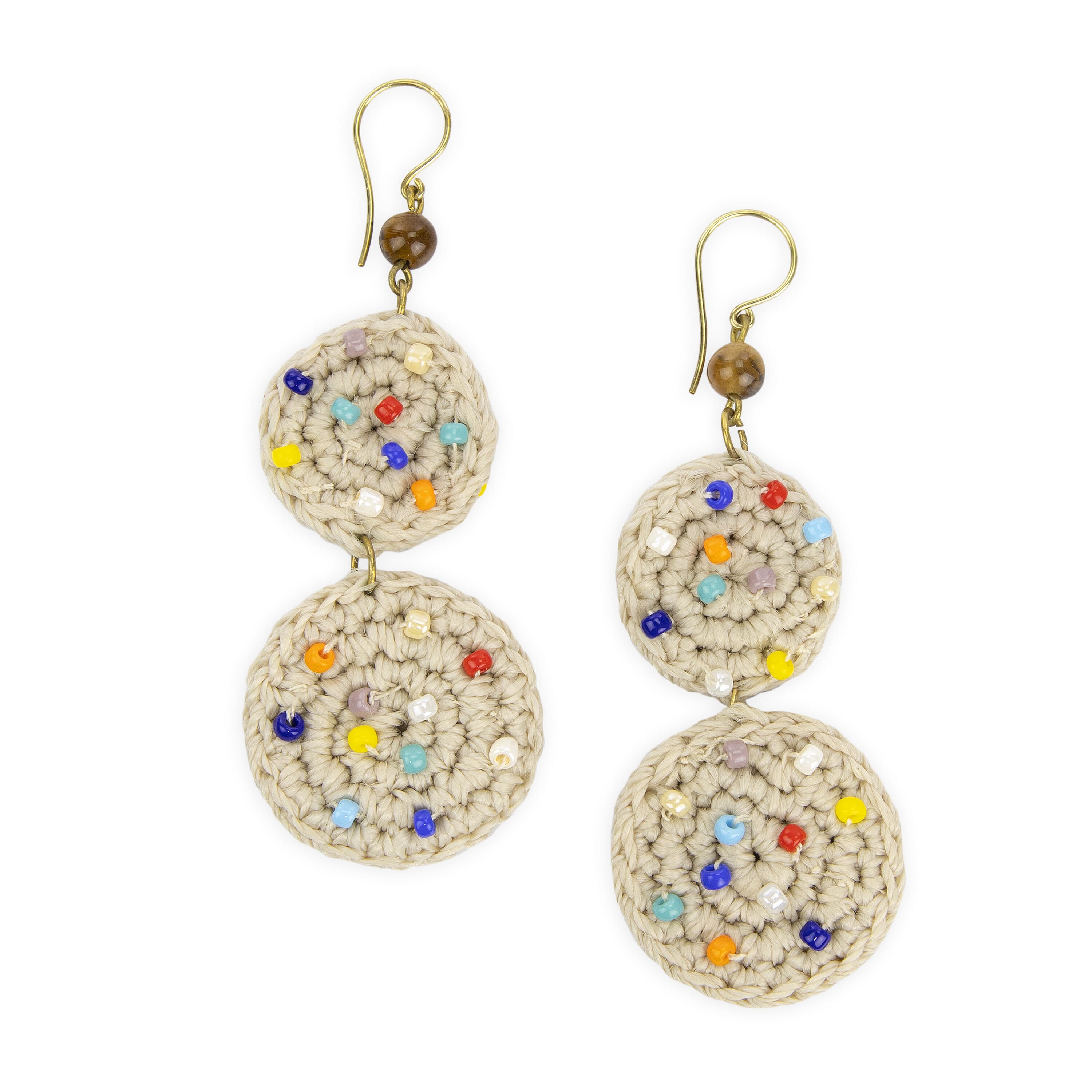 The Sak Jasper Double Disc Earrings - Hand Crochet - Ecru Multi Beads