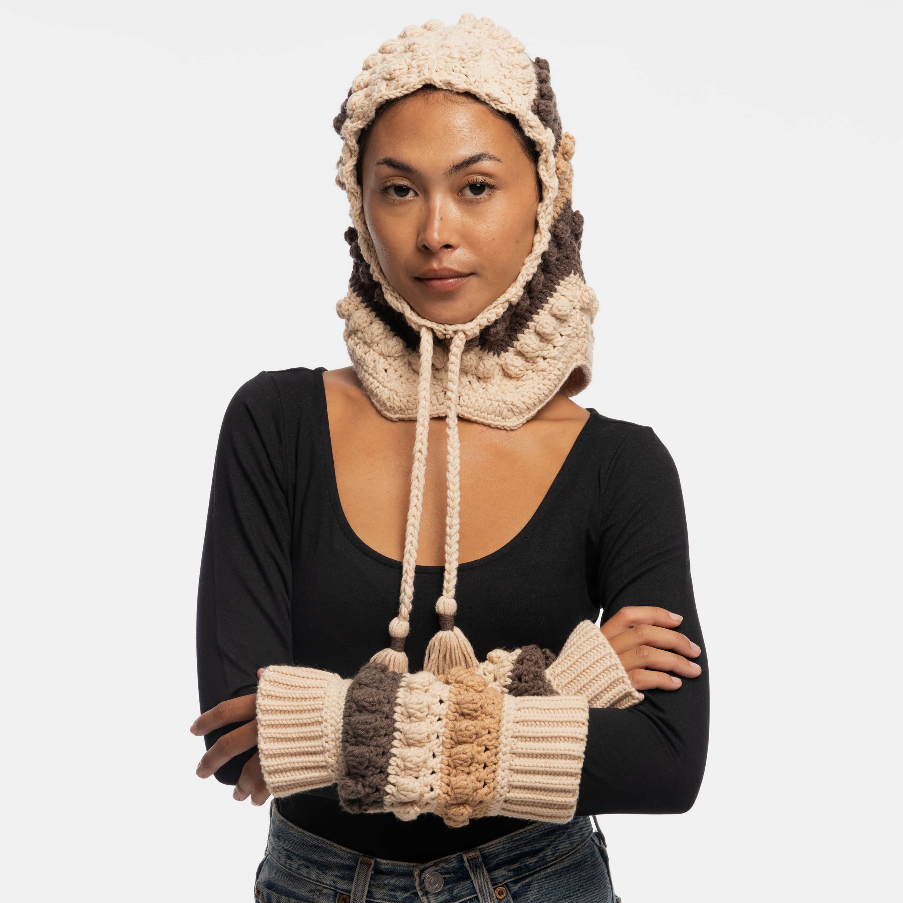 The Sak Haven Balaclava Gloves Set - Hand Crochet - Neutral Multi
