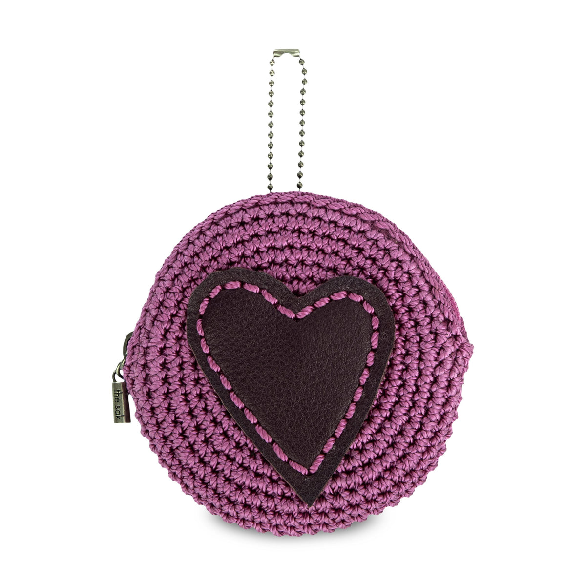 Circle Coin Pouch in Radiant Orchid Aubergine Heart Crochet
