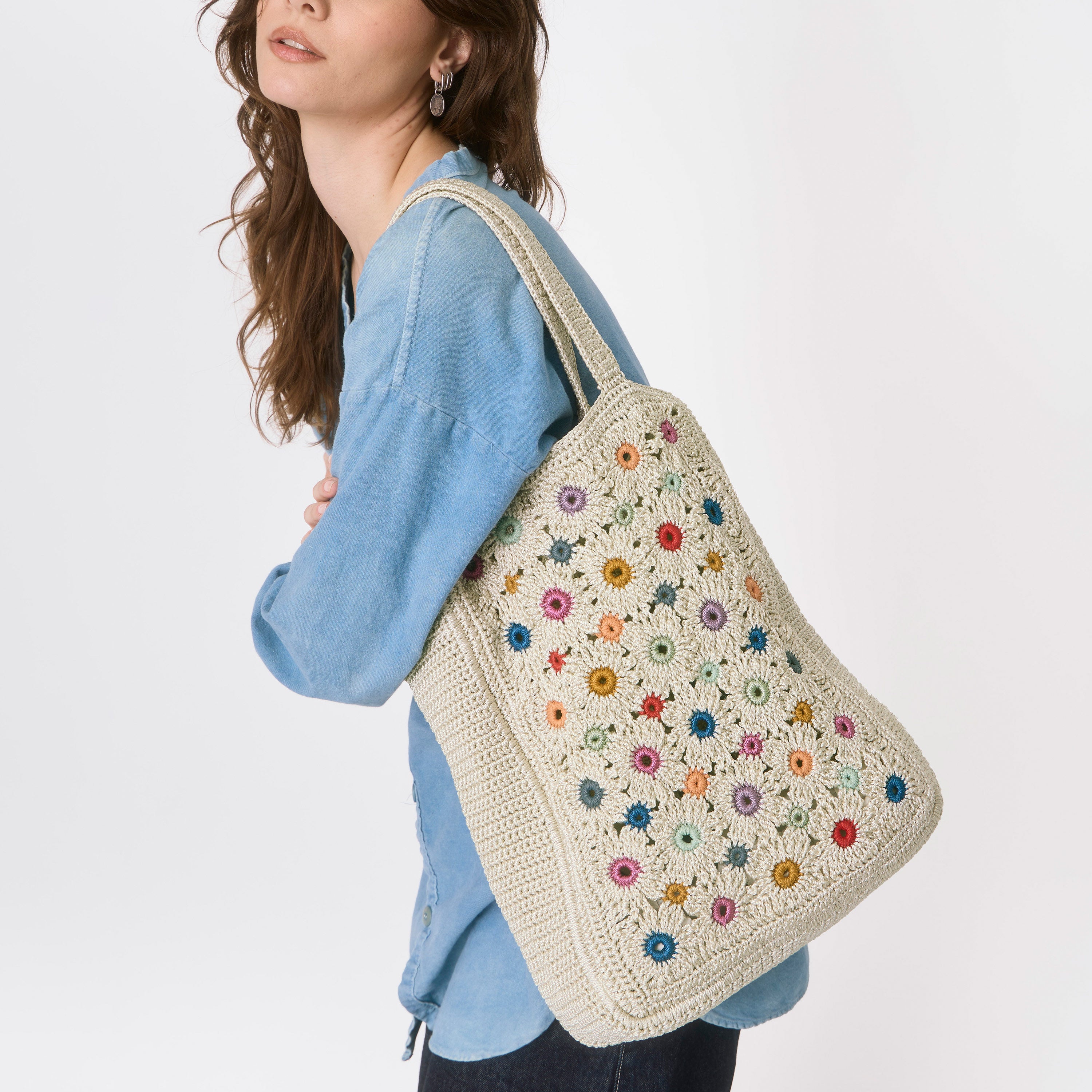 The Sak Lanie Market Tote - Hand Crochet - Natural Multi Flowers