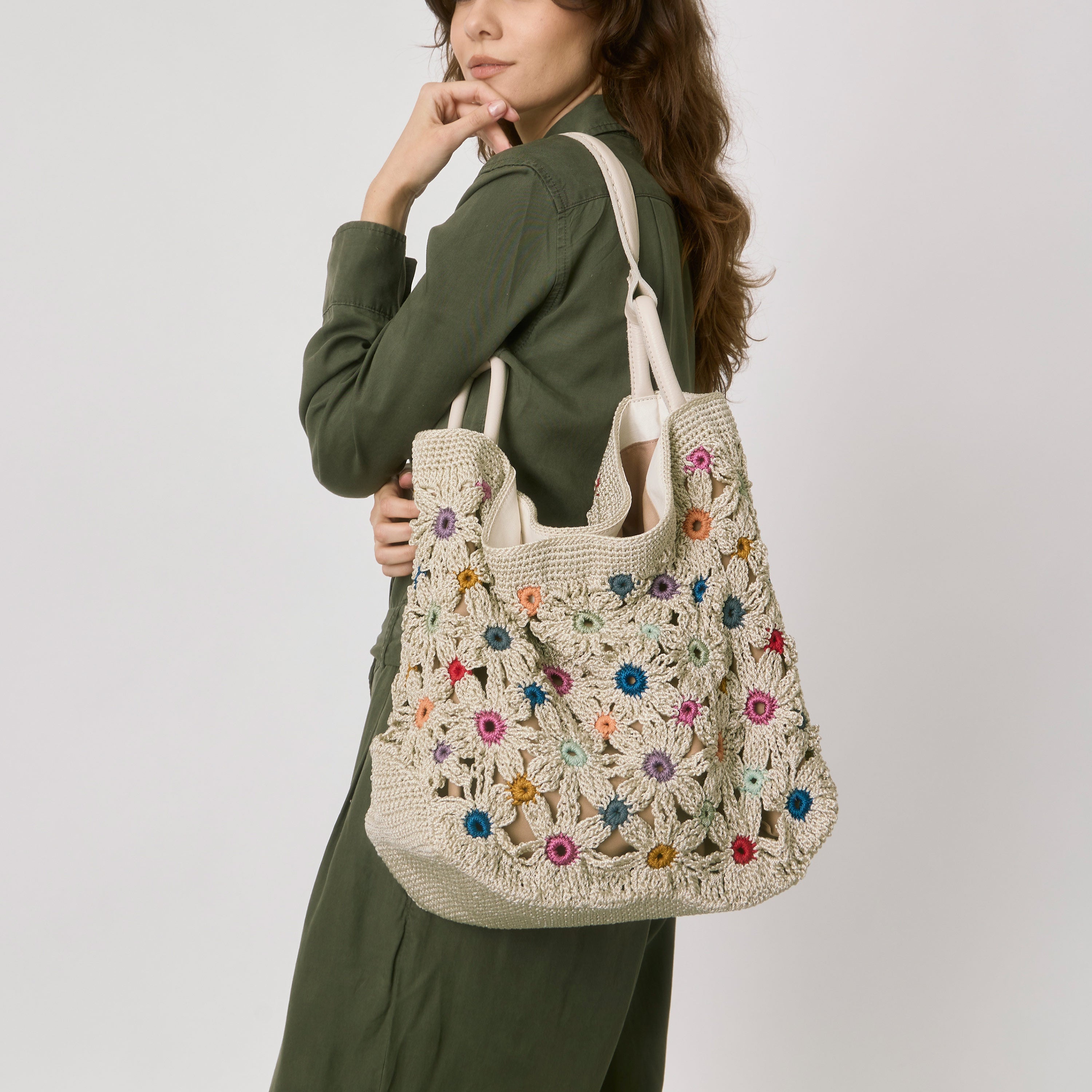 The Sak Los Feliz Large Tote - Hand Crochet - Natural Multi Flowers