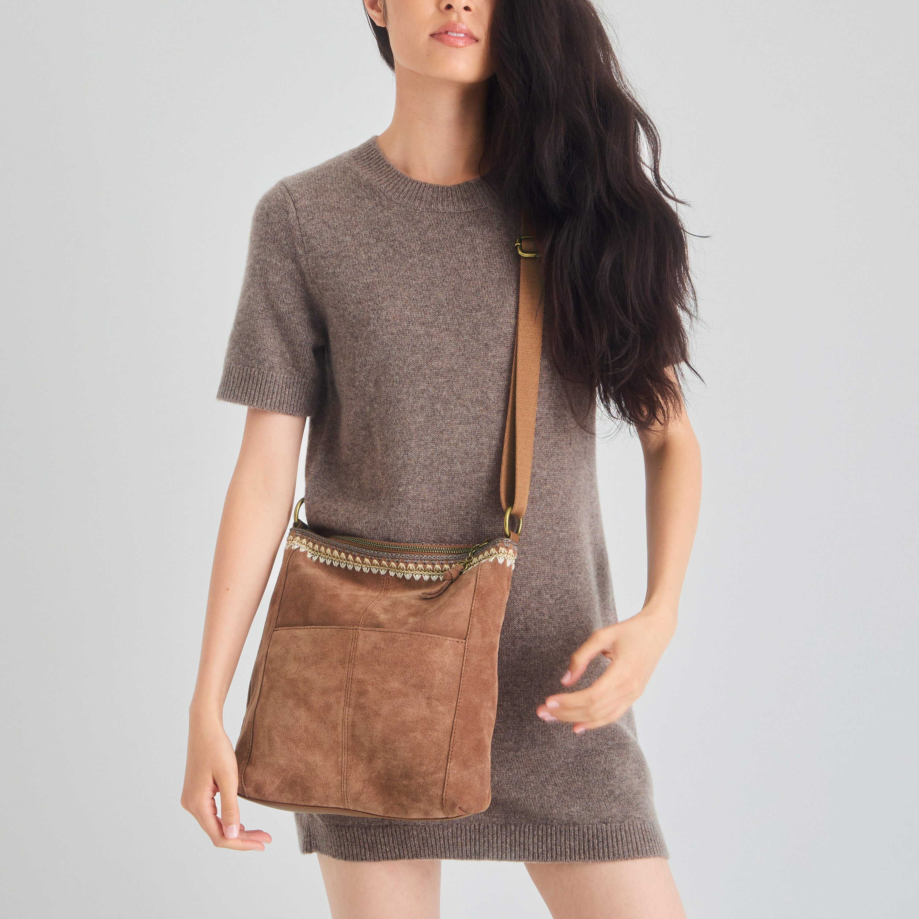 The Sak Lucia Crossbody - Leather - Tobacco Suede Blanket Stitch