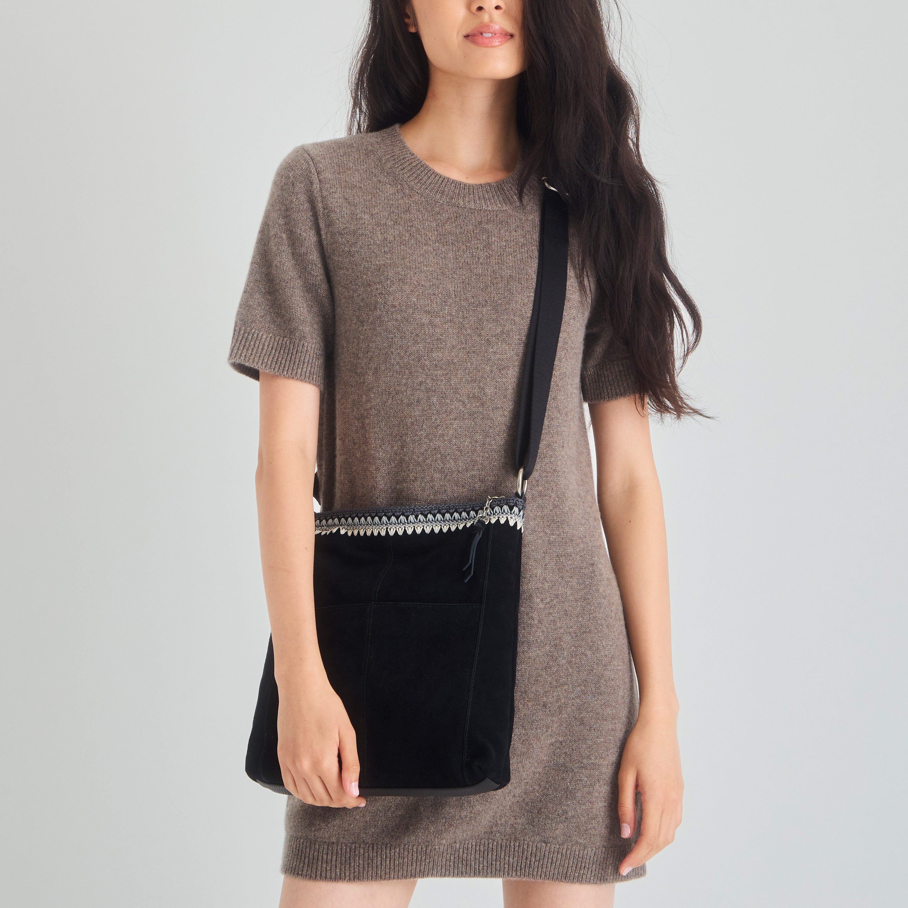 The Sak Lucia Crossbody - Leather - Black Suede Blanket Stitch