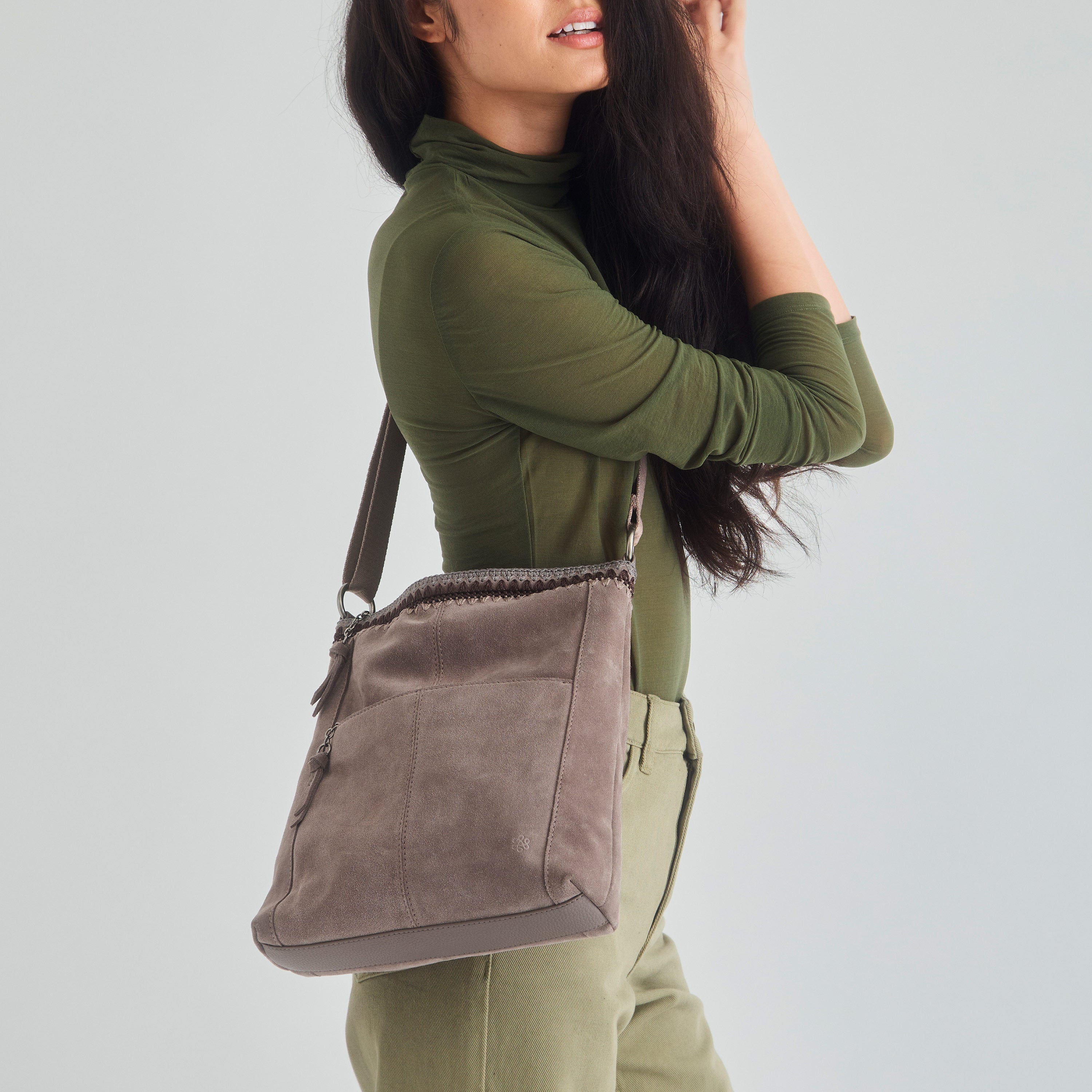 The Sak Lucia Crossbody - Leather - Mushroom Suede Blanket Stitch
