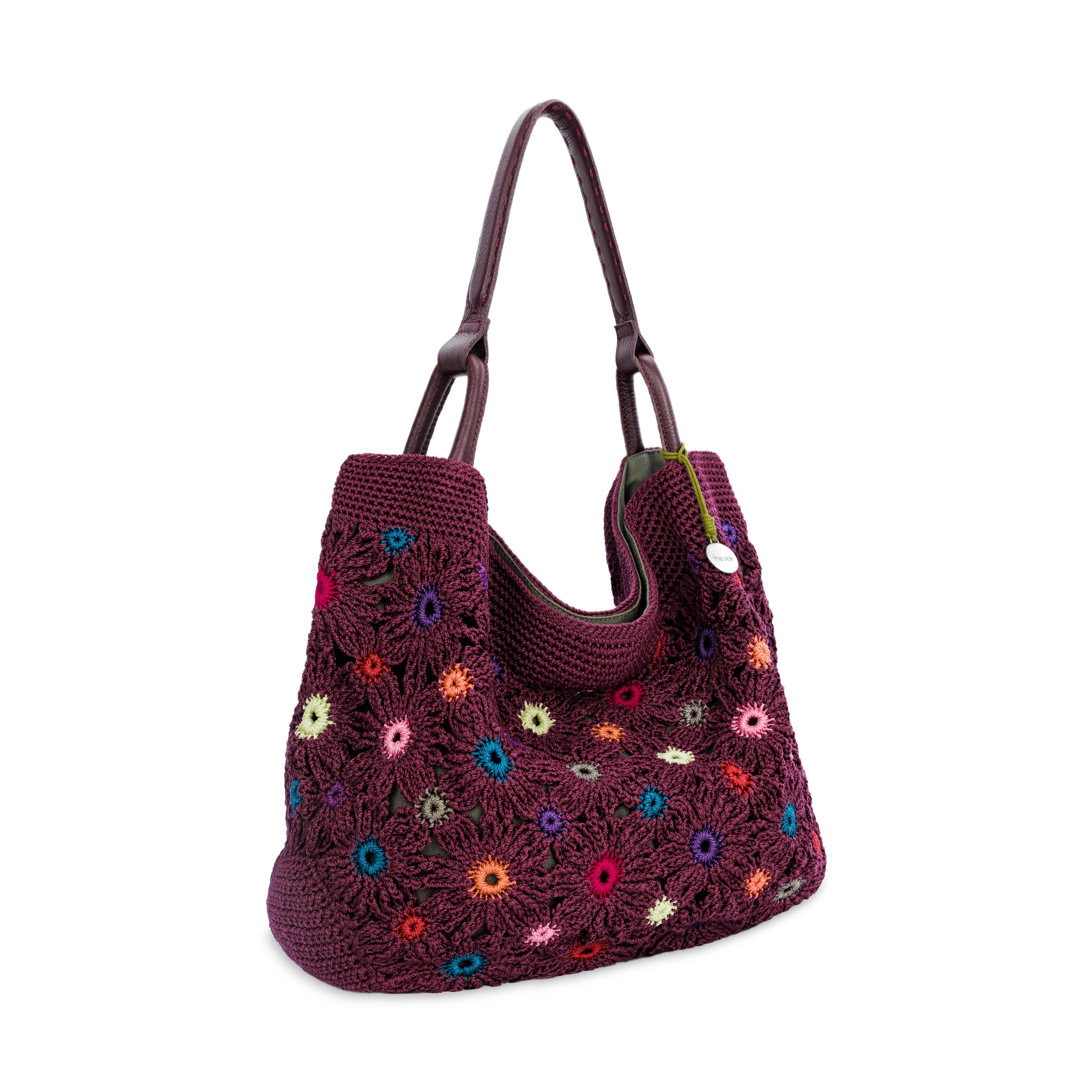 The Sak Los Feliz Large Tote - Hand Crochet - Black Cherry Multi Flower