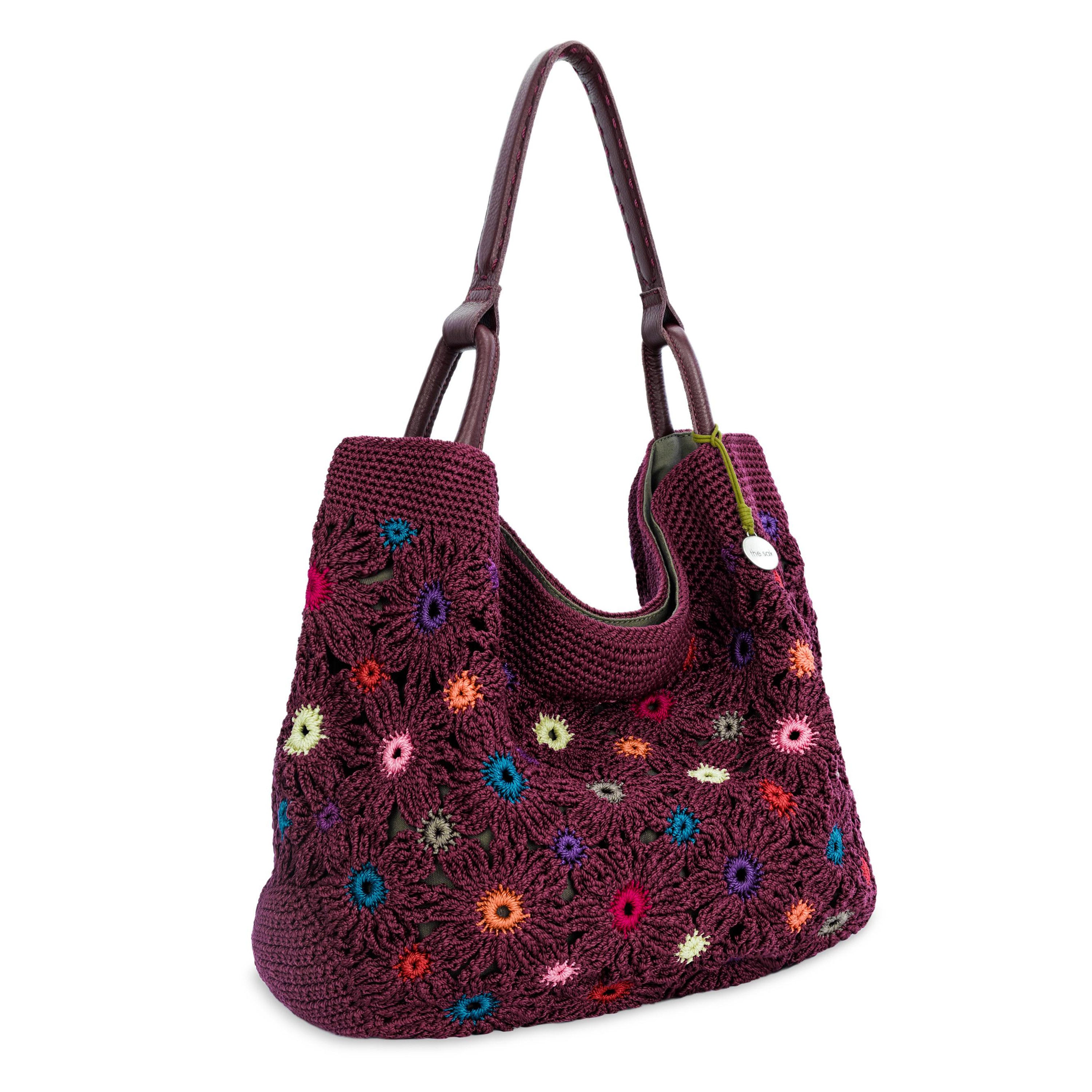 The Sak Los Feliz Large Tote - Hand Crochet - Black Cherry Multi Flower