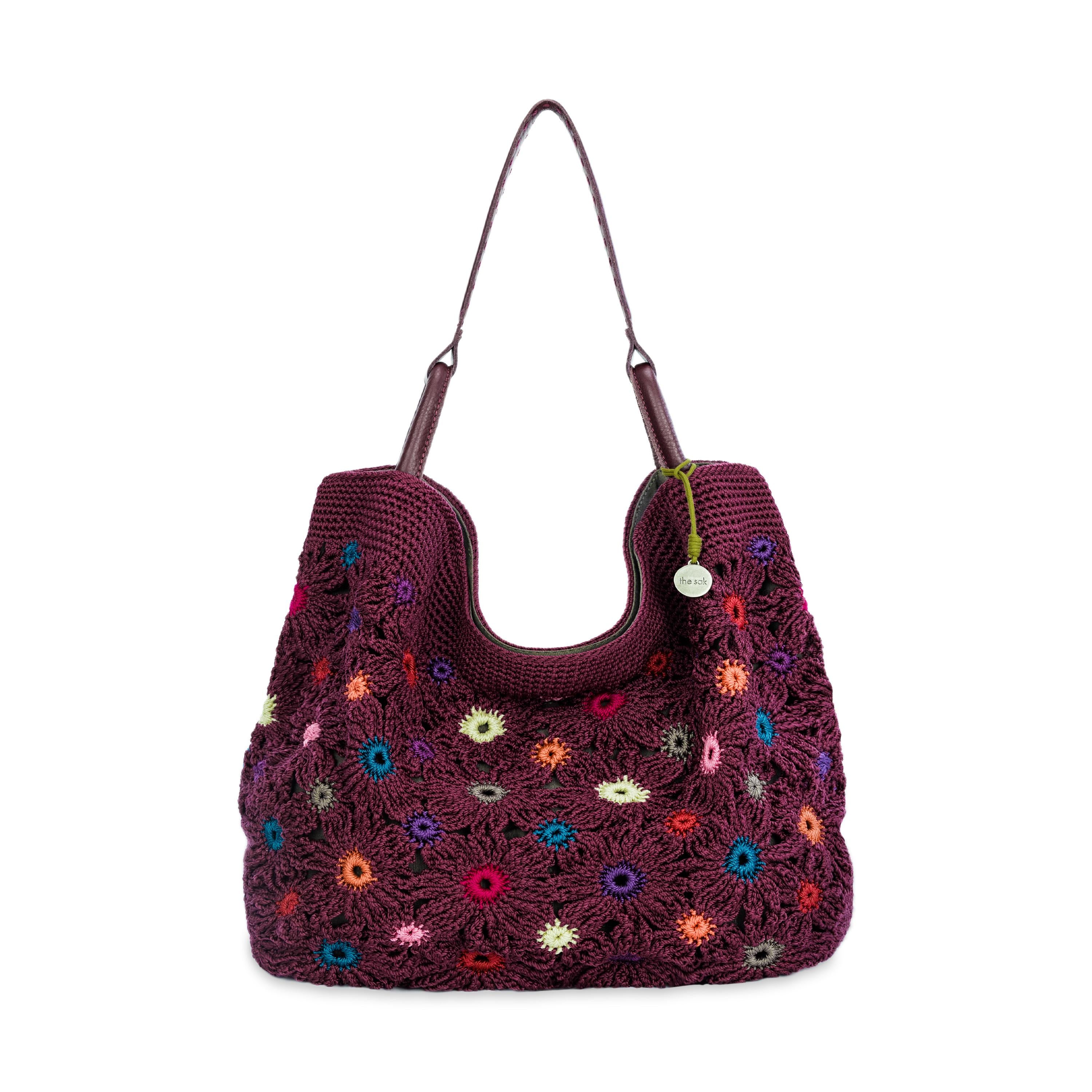 The Sak Los Feliz Large Tote - Hand Crochet - Black Cherry Multi Flower