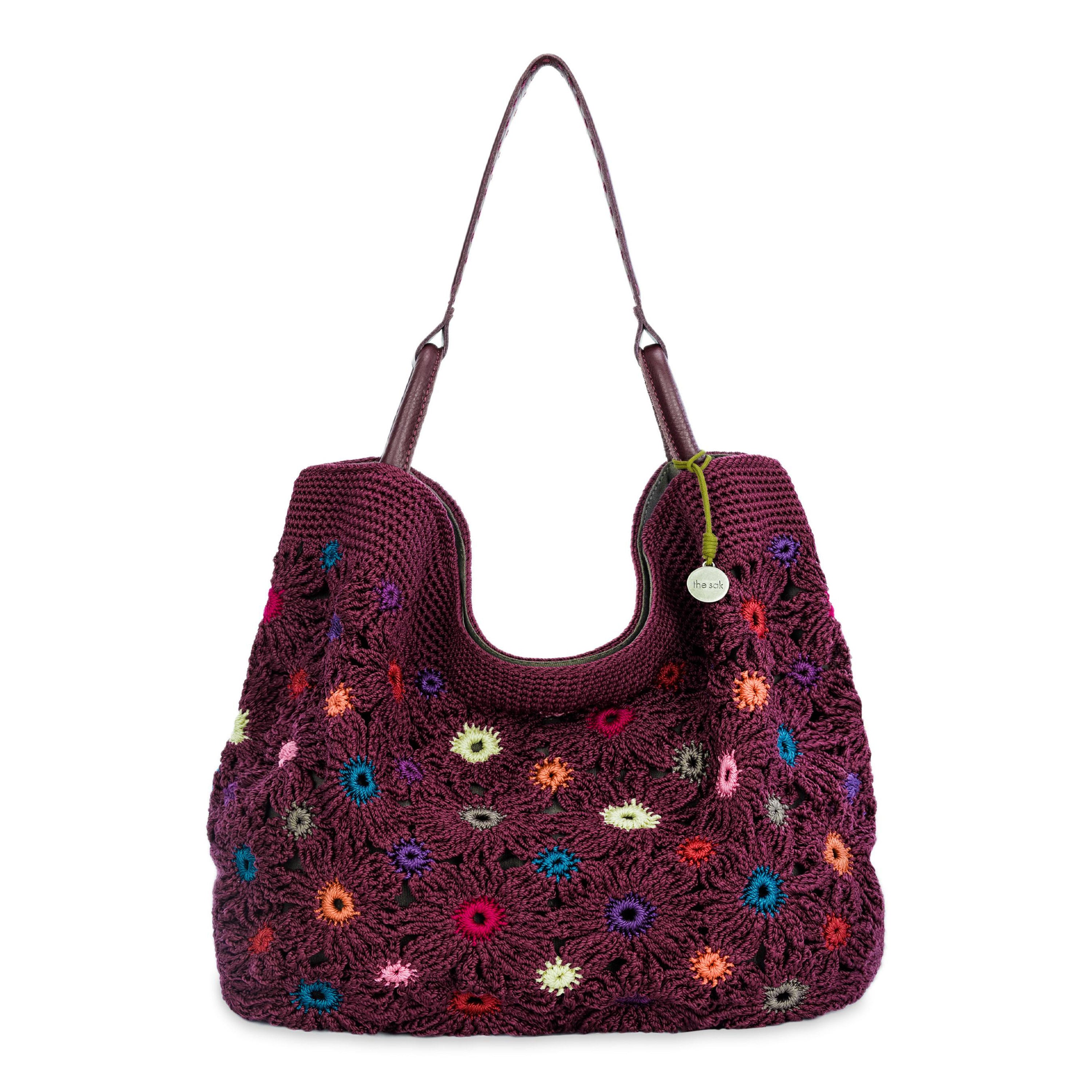 The Sak Los Feliz Large Tote - Hand Crochet - Black Cherry Multi Flower