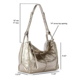 Metallic silver leather hobo bag with dual shoulder straps and gathered top opening.