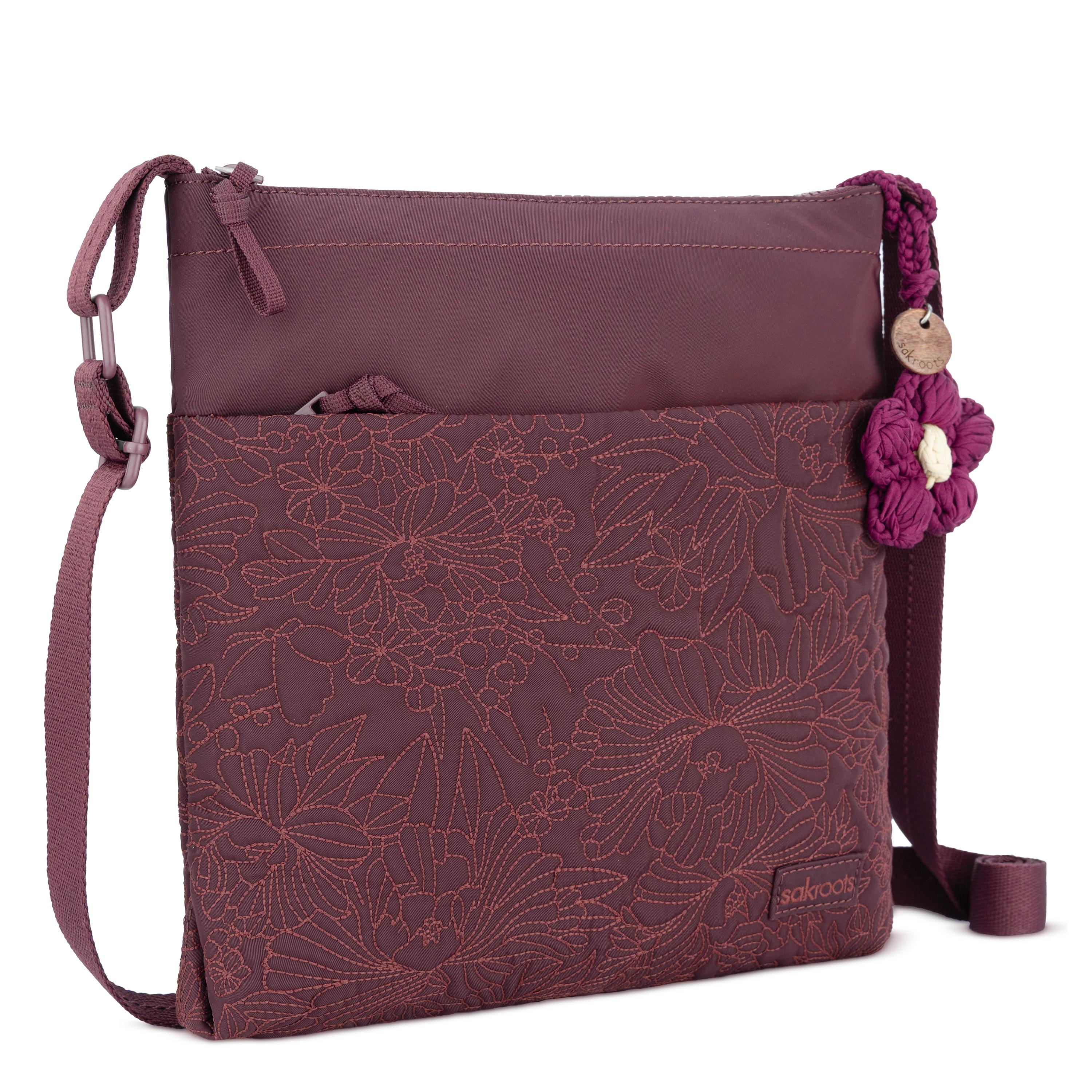 Sakroots Banyan Basic Crossbody - EcoTwill - Black Cherry Flower Blossom Quilted