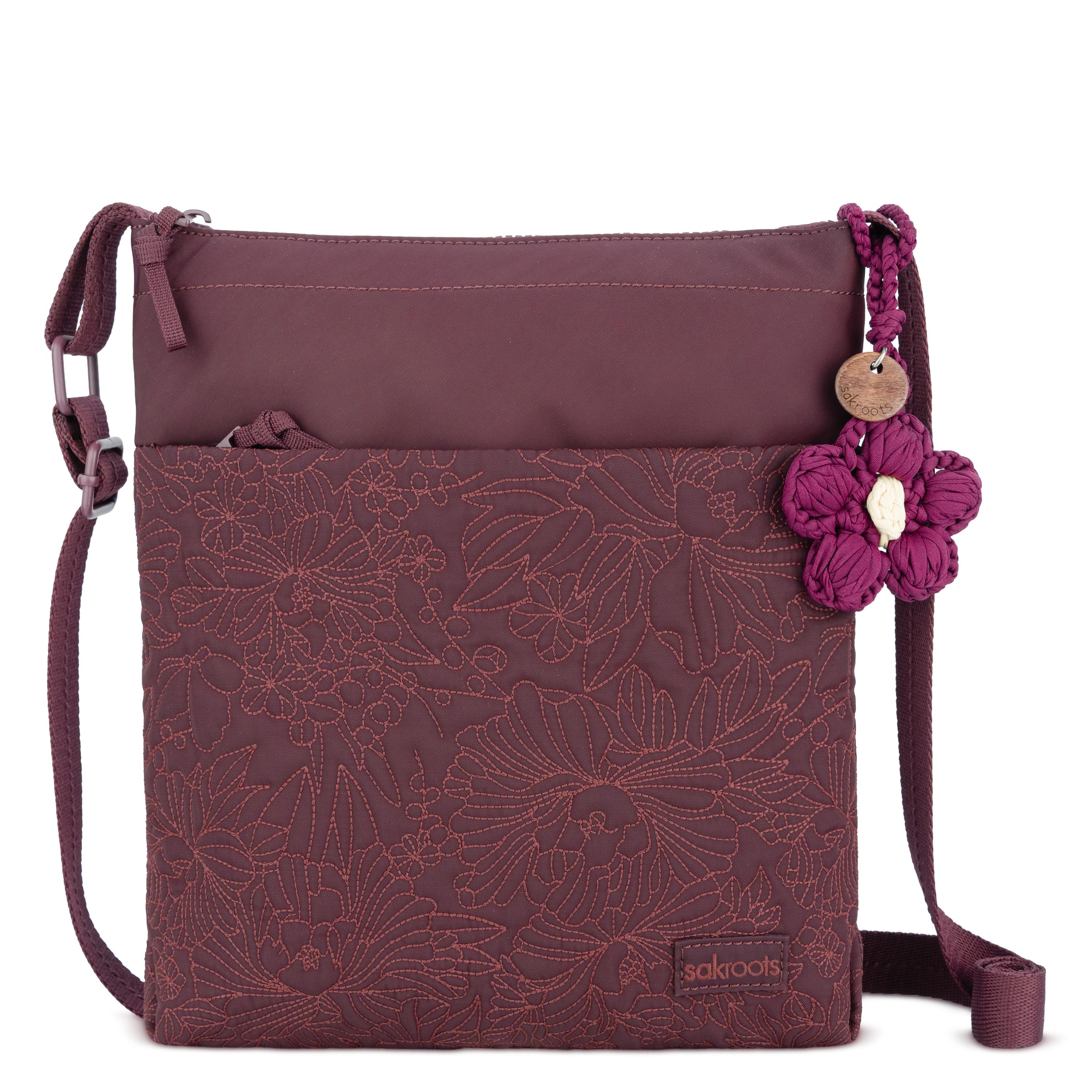 Sakroots Banyan Basic Crossbody - EcoTwill - Black Cherry Flower Blossom Quilted