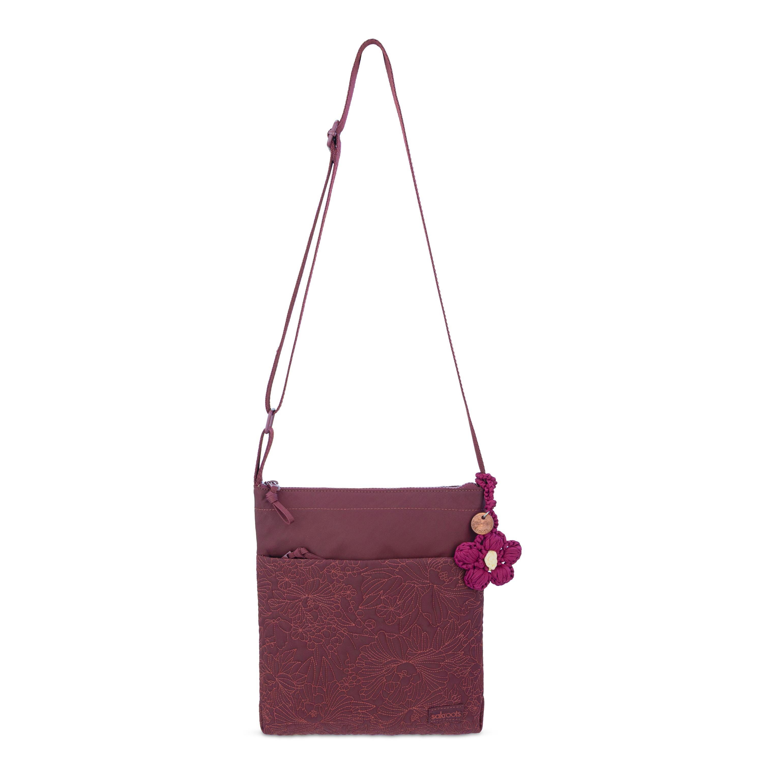 Sakroots Banyan Basic Crossbody - EcoTwill - Black Cherry Flower Blossom Quilted
