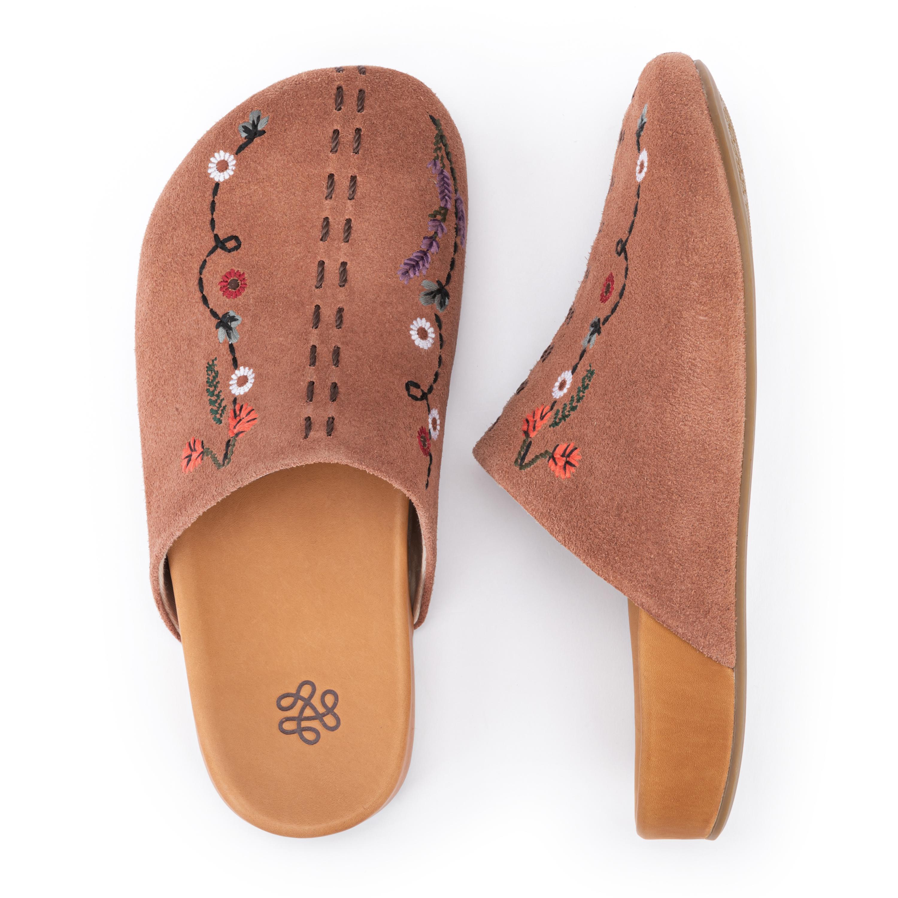 The Sak Bolinas Clog - Leather - Tobacco Suede Whimsy Floral Embroidery