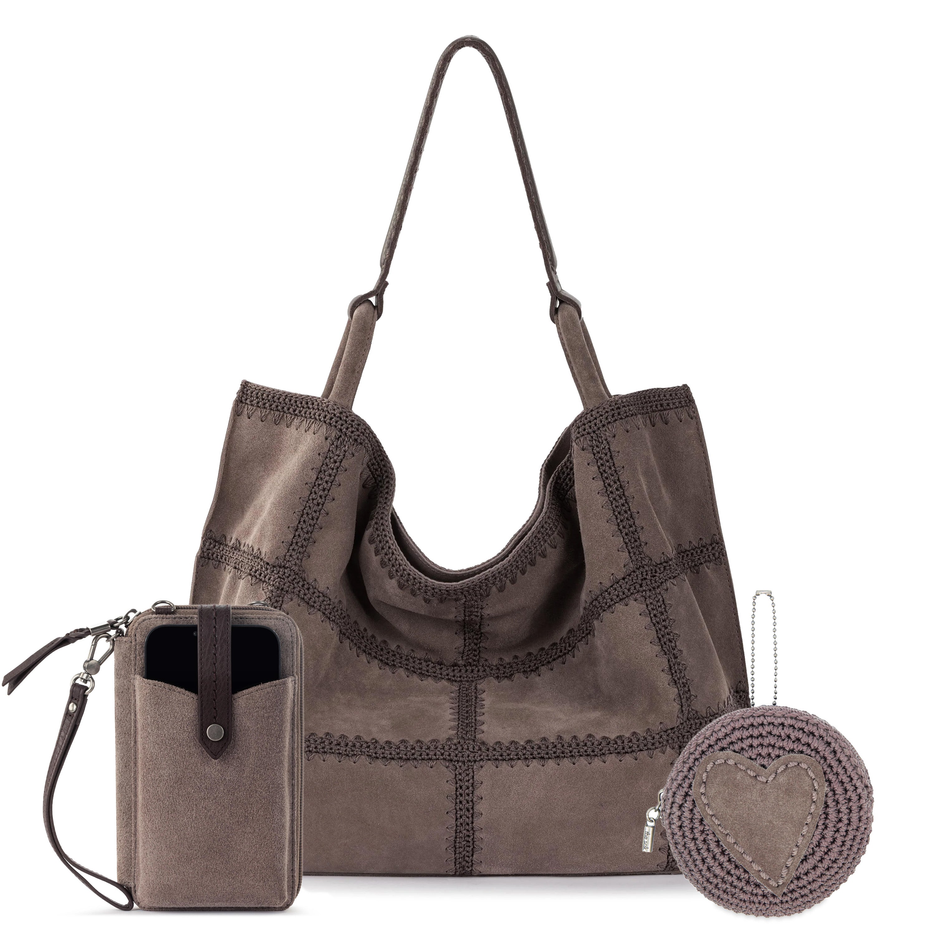 The Sak Los Feliz Large Tote Pouch 3 Piece Set - Leather - Mushroom Suede