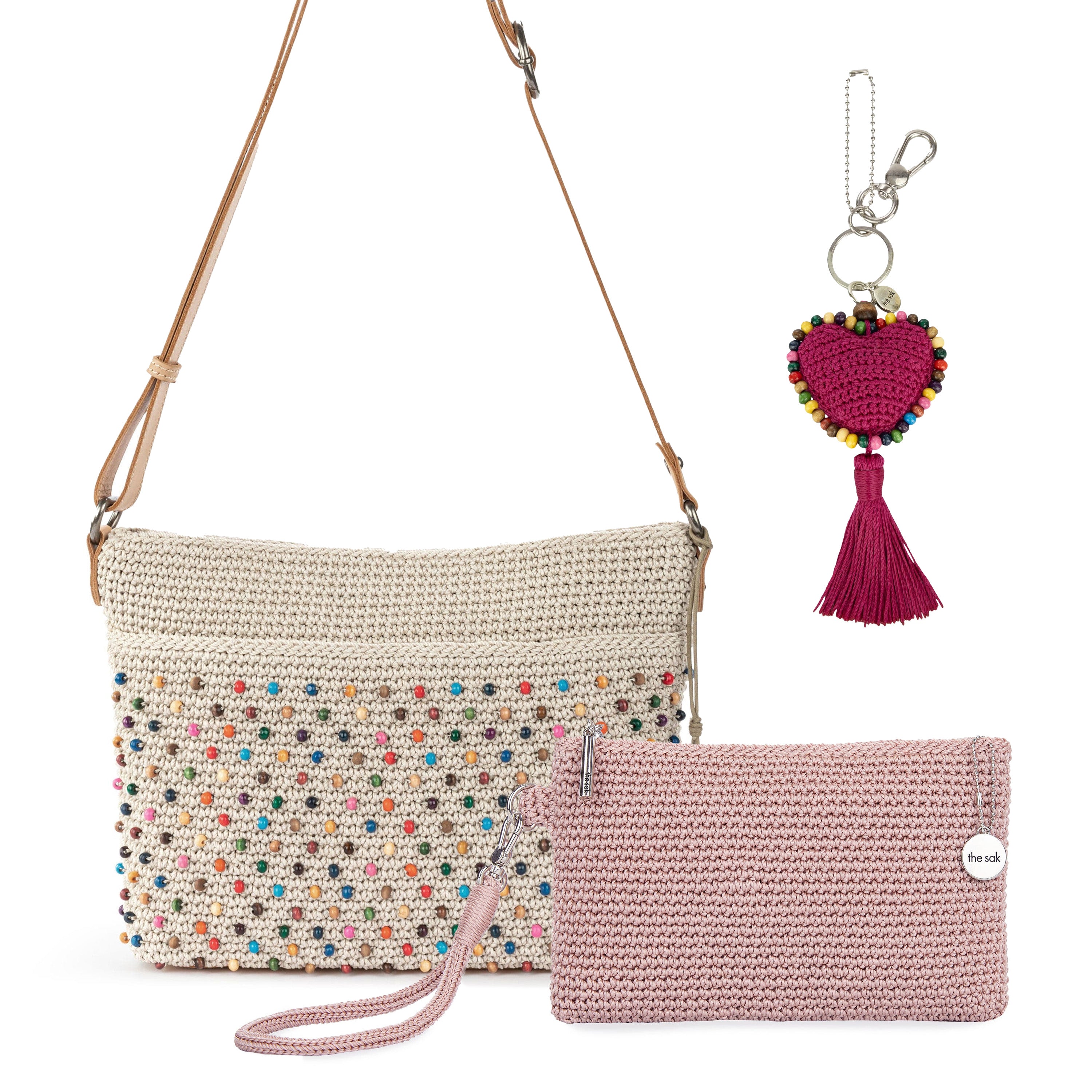 The Sak Melrose Crossbody 3 Piece Set - Hand Crochet - Ecru Pink Multi Beads