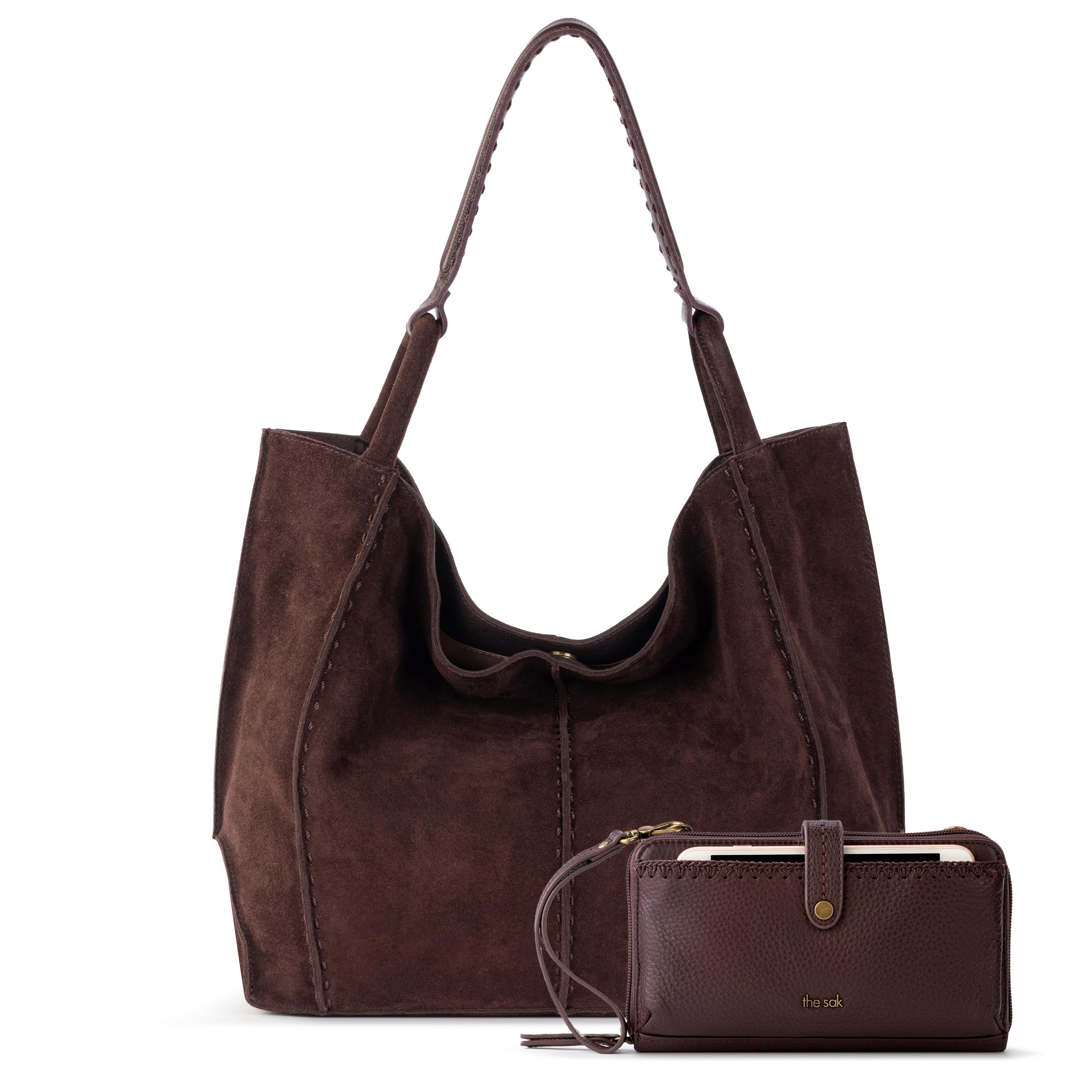 The Sak Los Feliz Large Tote and Iris Smartphone Wallet Bundle - Leather - Mahogany Suede