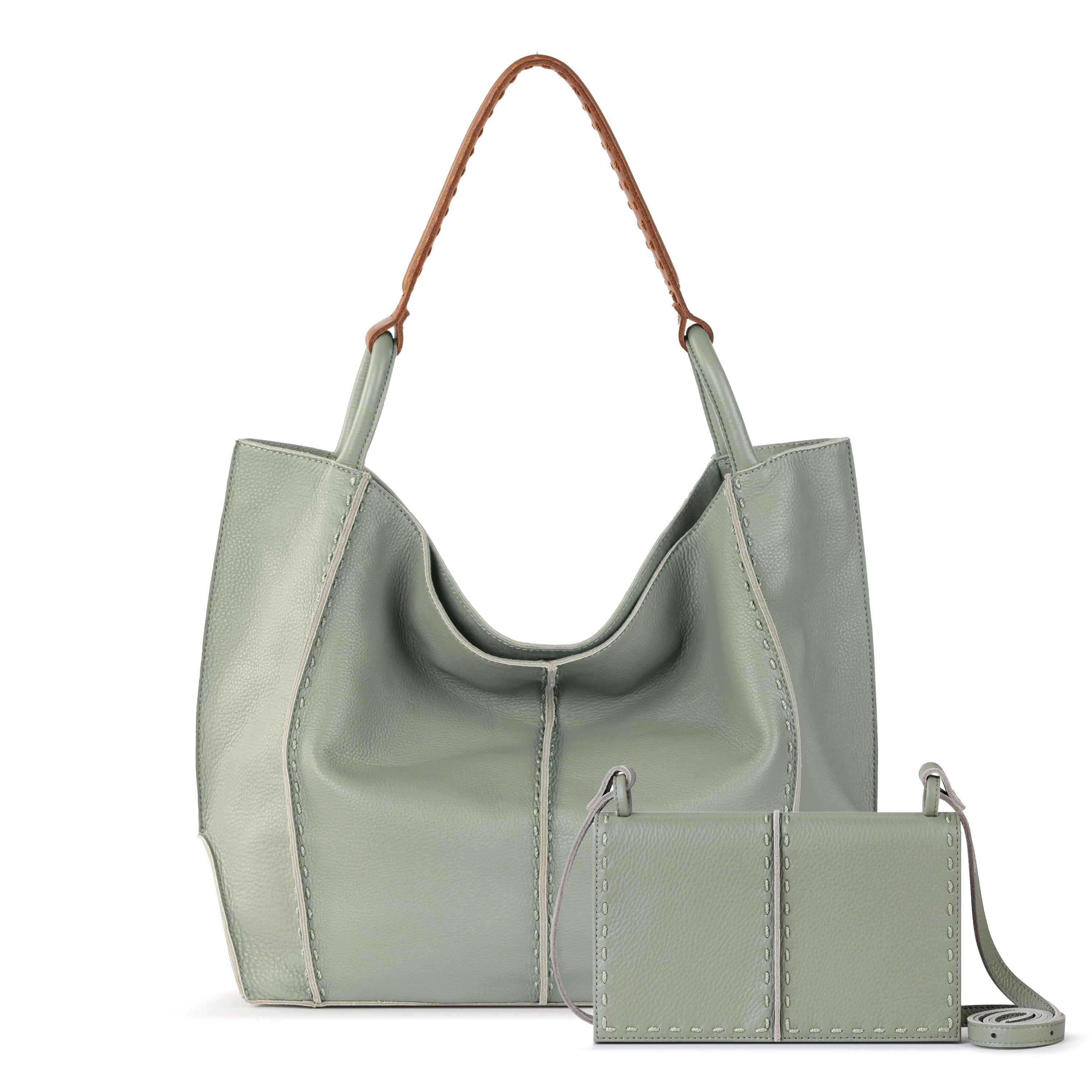 Sage green leather tote bag with brown handles and matching wallet with crossbody strap.