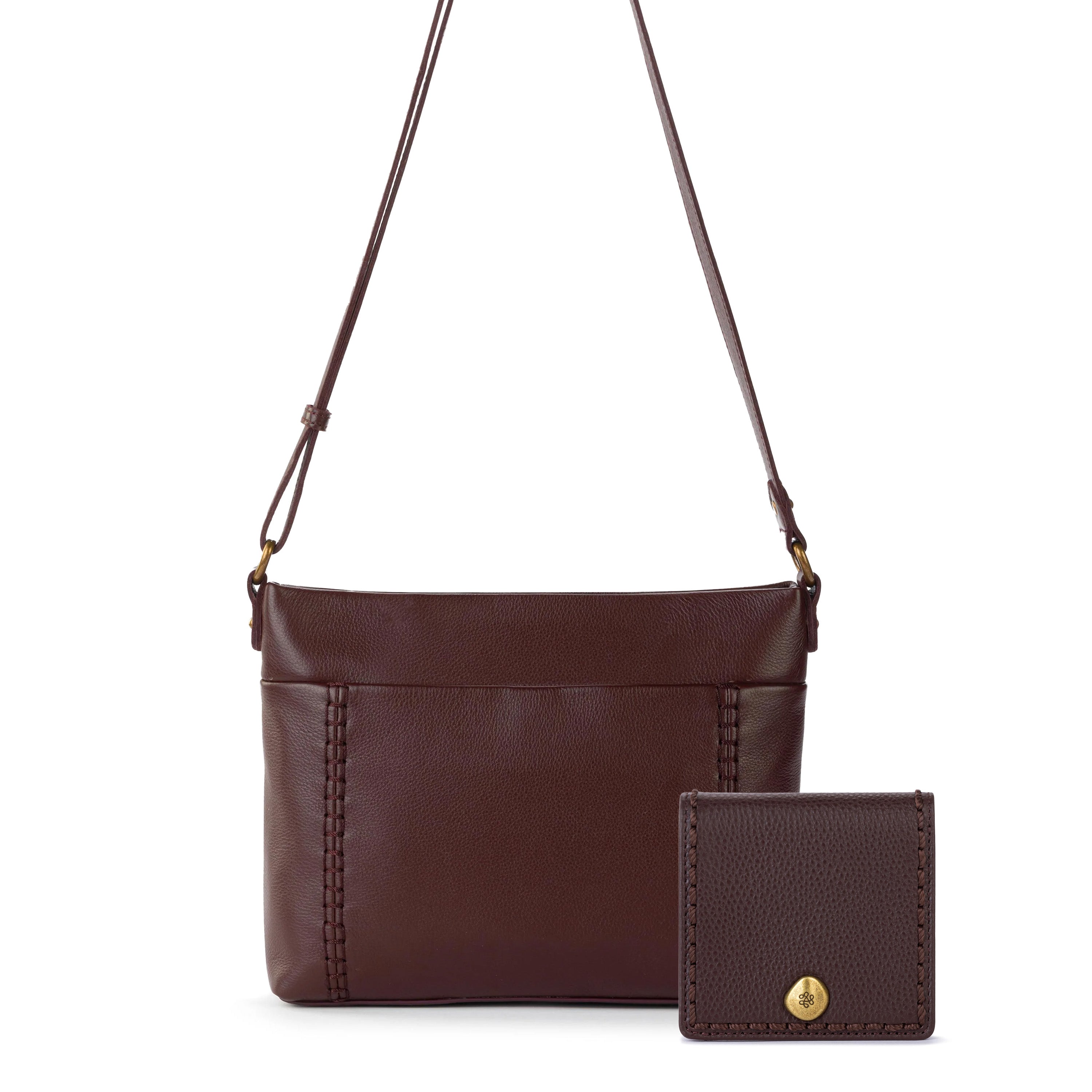 Brown leather crossbody bag with adjustable strap and matching small wallet with gold accent button.