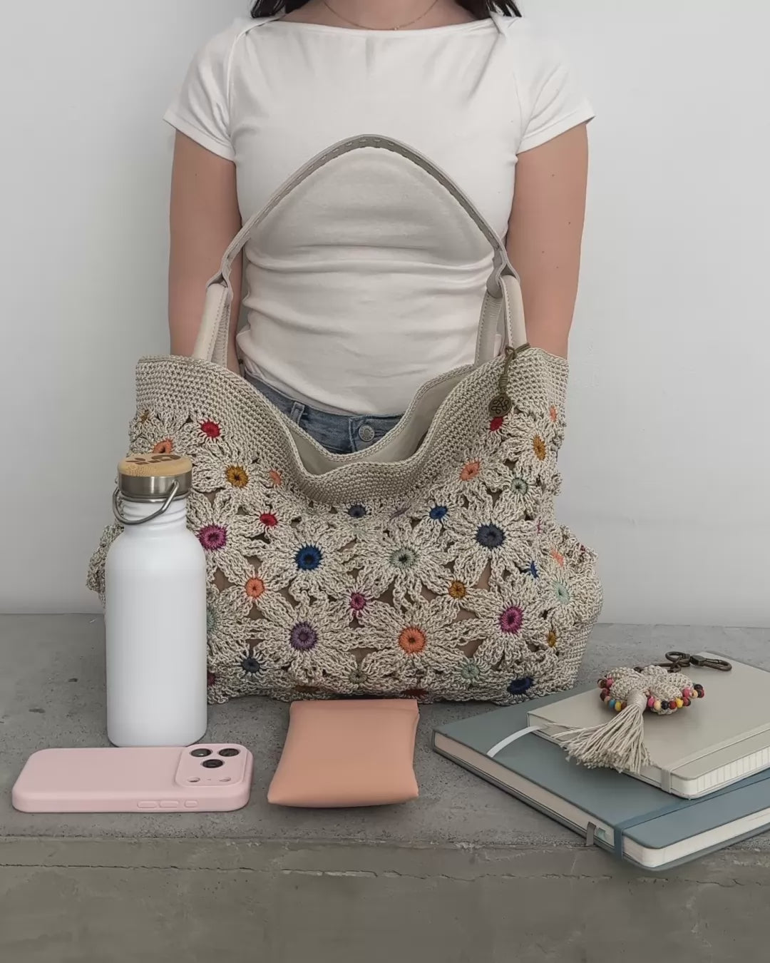 The Sak Los Feliz Large Tote - Hand Crochet - Natural Multi Flowers