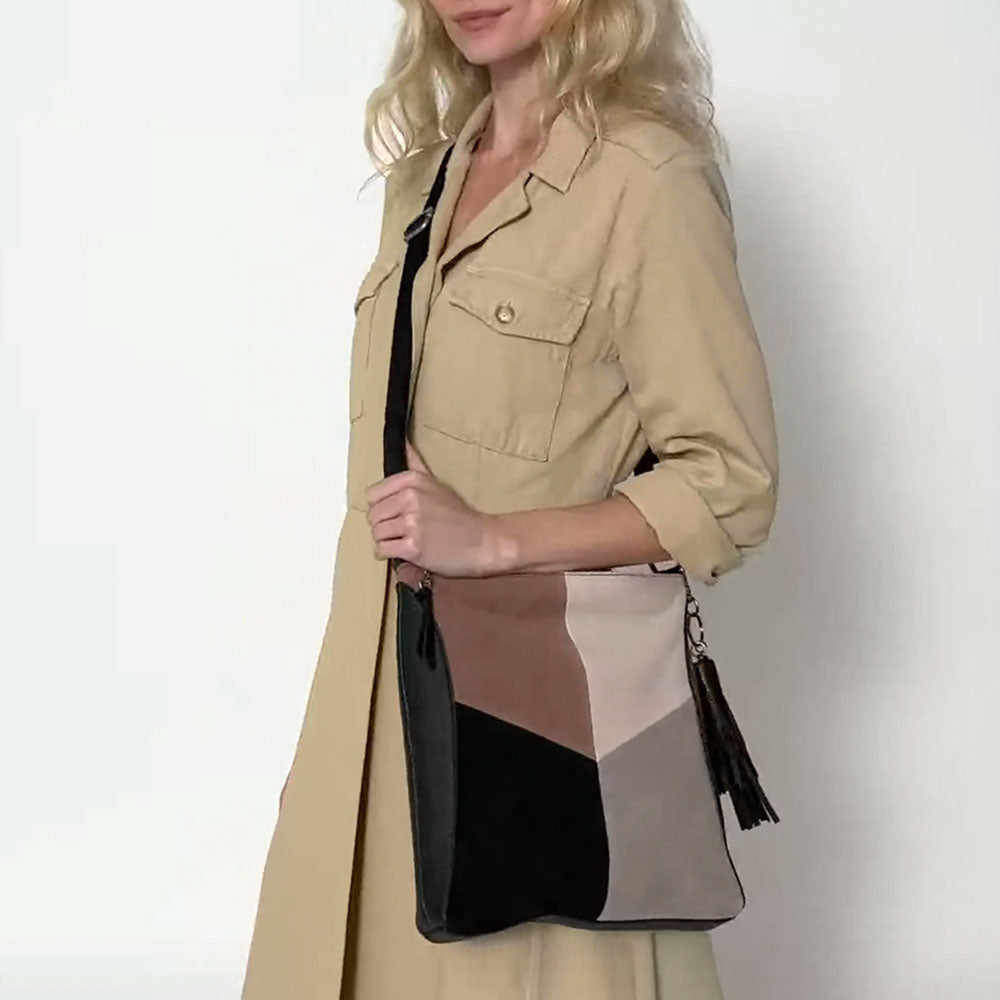 Lucia Crossbody Bag in Neutral Suede Block – The Sak