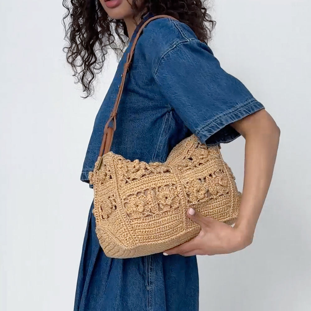 The Sak Los Feliz Hobo - Hand Crochet - Natural Tonal Flower