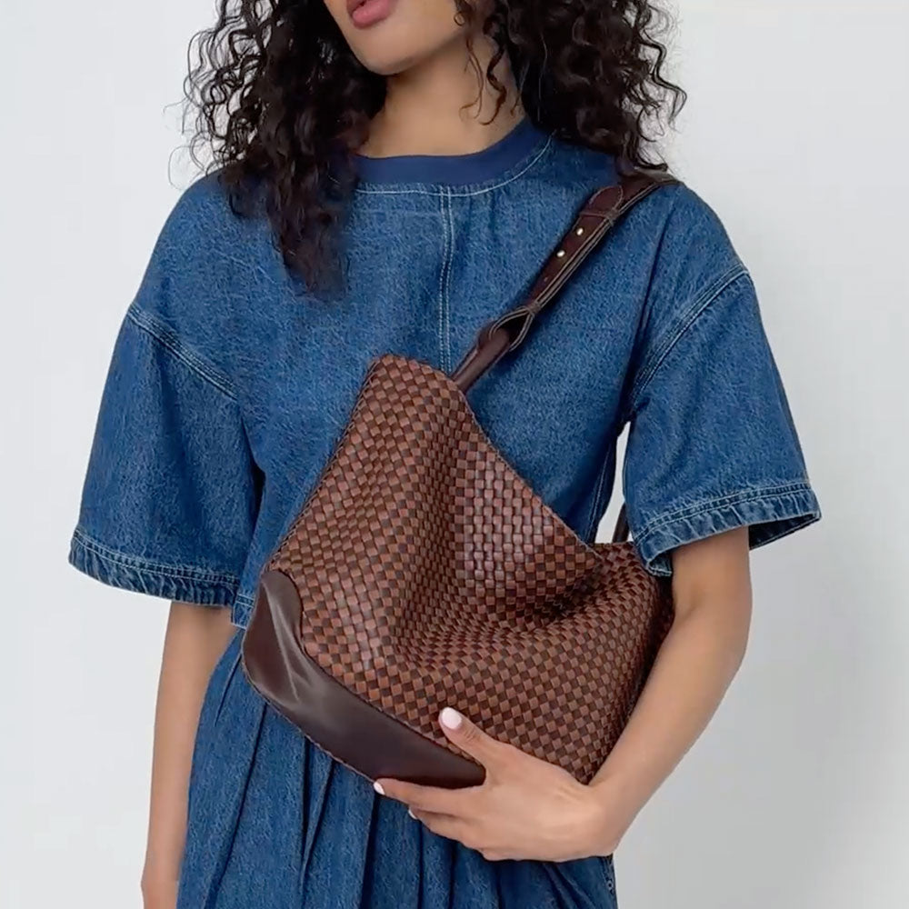 The Sak Los Feliz Medium Tote - Leather - Mahogany Cognac Woven